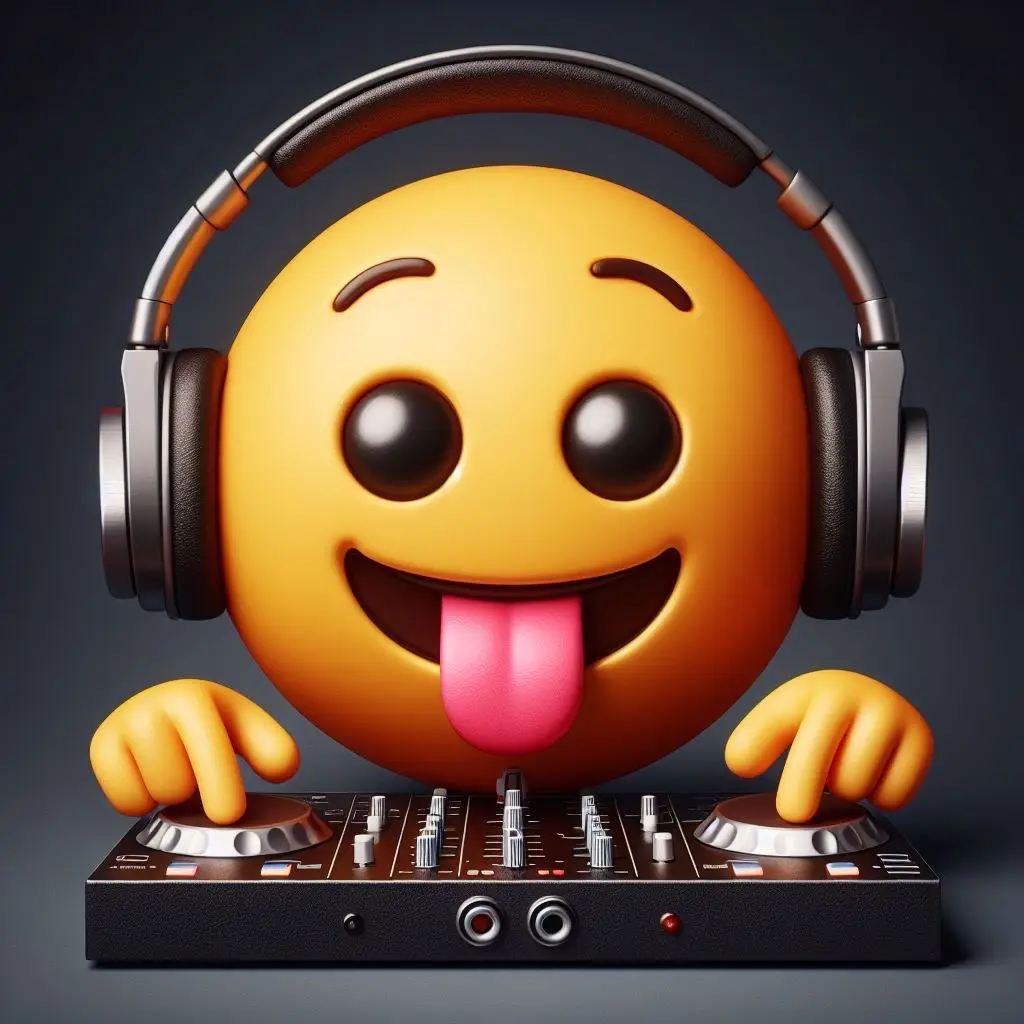 Imagen de un emoji en 3D con sus audífonos de DJ. Está sacando la lengua y está mezclando música en su controladora