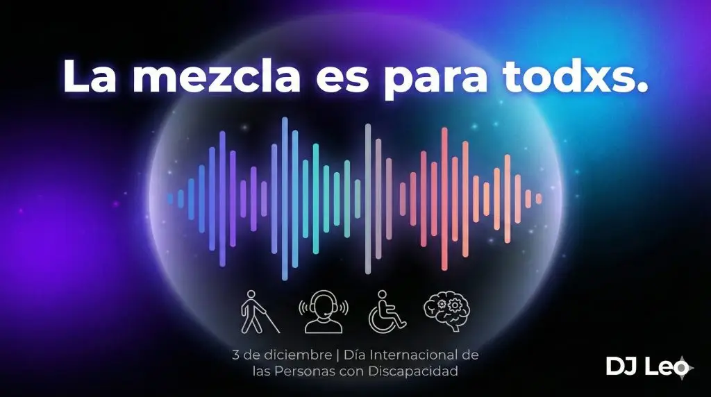 Imagen de un ecualizador gráfico, pero donde cada barra de frecuencia tiene un color distinto para representar diversidad e inclusión. Está colocado sobre un fondo negro y tiene luces de colores que lo iluminan como en una pista de baile.